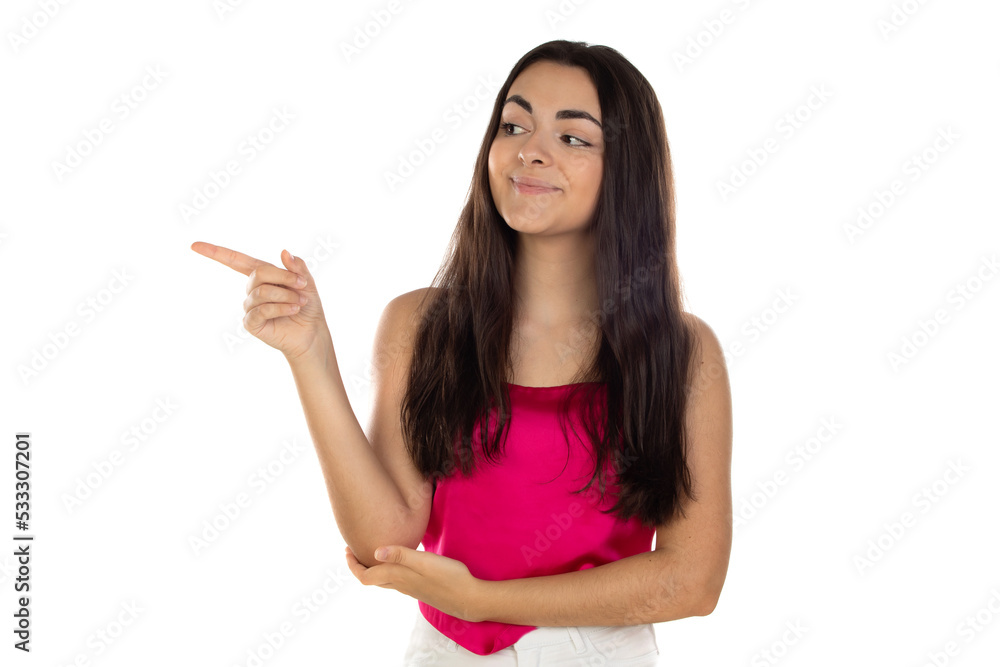 Portrait with copy space of charming, pretty, nice, stylish, brunette, trendy woman pointing forefinger on empty place Portrait with copy space of charming, pretty, nice, stylish, brunette, trendy woman pointing forefinger on empty place