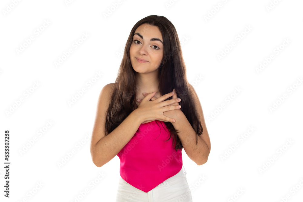 Photo of cute brunette lady hands chest wear pink top Photo of cute brunette lady hands chest wear pink top