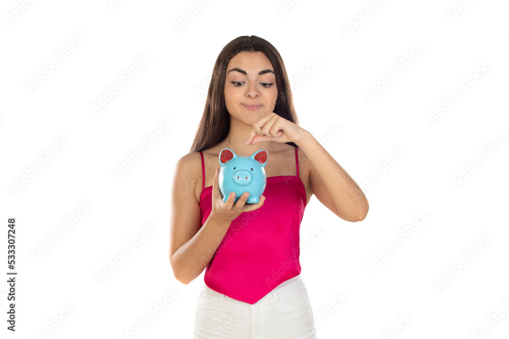 Brunette young woman with a money box. Saver girl Brunette young woman with a money box. Saver girl
