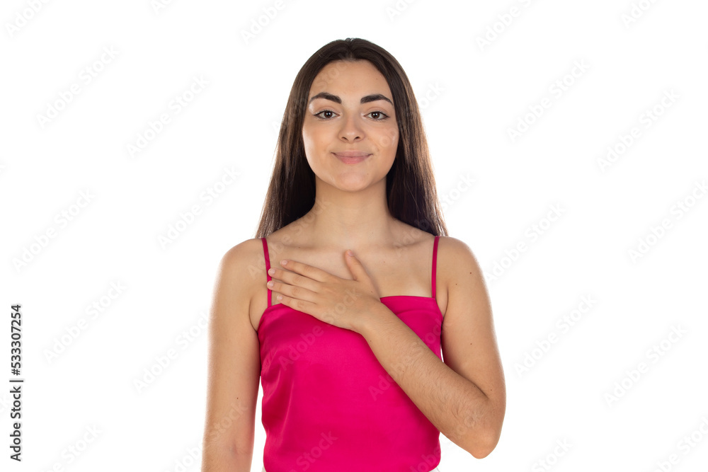 Photo of cute brunette lady hands chest wear pink top Photo of cute brunette lady hands chest wear pink top