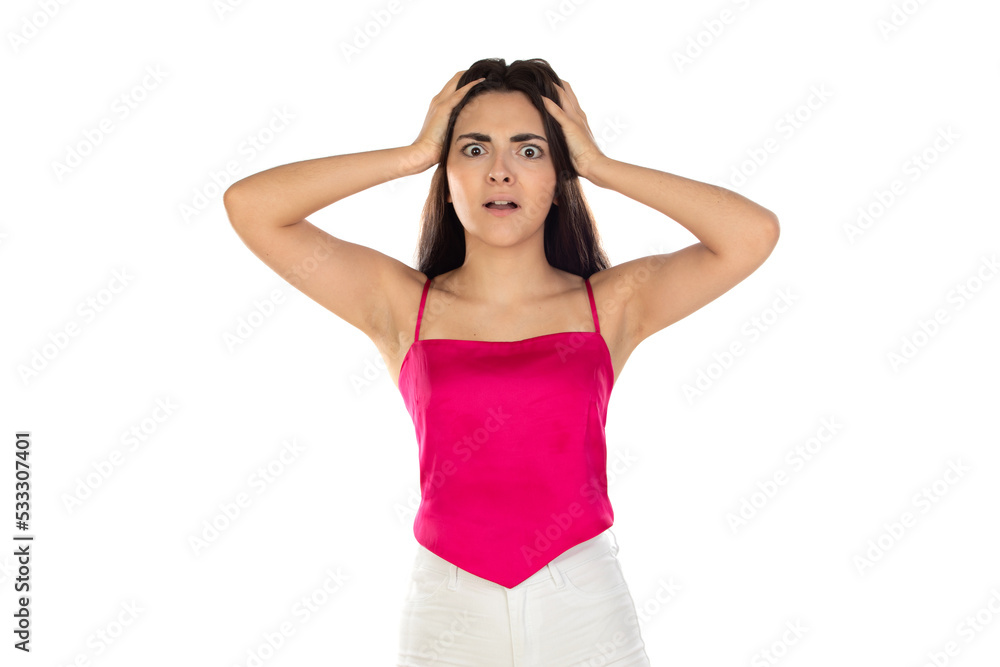 Worried and surprised young girl with dark hair and wearing a pink top Worried and surprised young girl with dark hair and wearing a pink top
