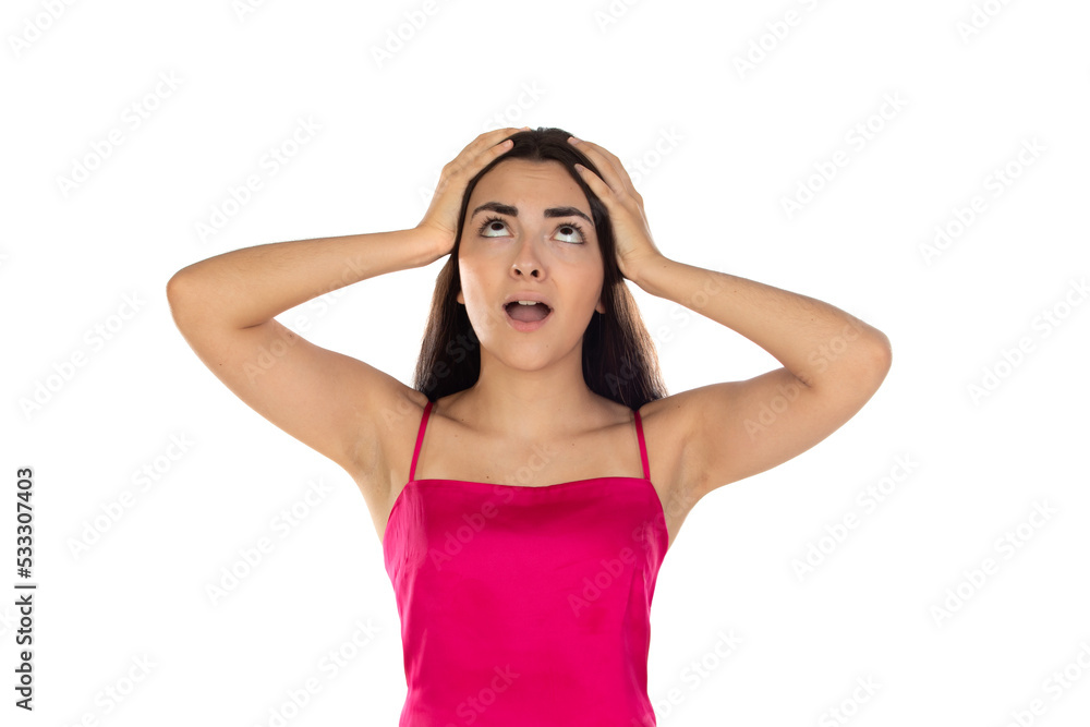 Worried and surprised young girl with dark hair and wearing a pink top Worried and surprised young girl with dark hair and wearing a pink top