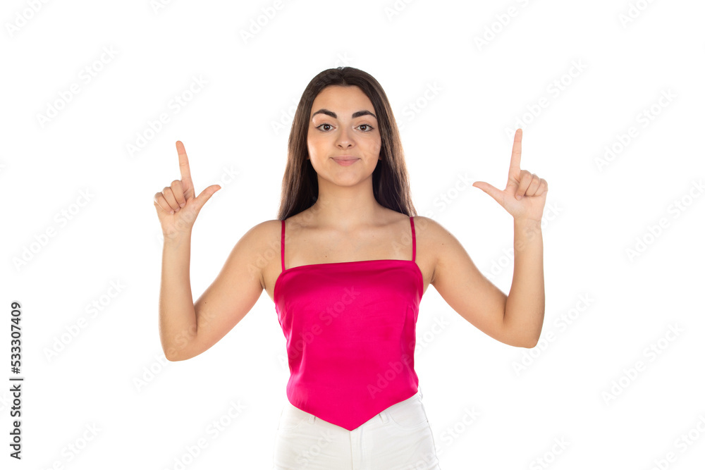 Portrait with copy space of charming, pretty, nice, stylish, brunette, trendy woman pointing forefinger on empty place