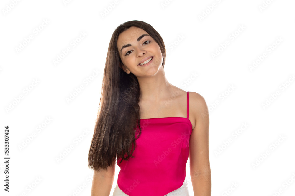 Young pretty dark hair woman wearing a casual look laughing and having fun Young pretty dark hair woman wearing a casual look laughing and having fun