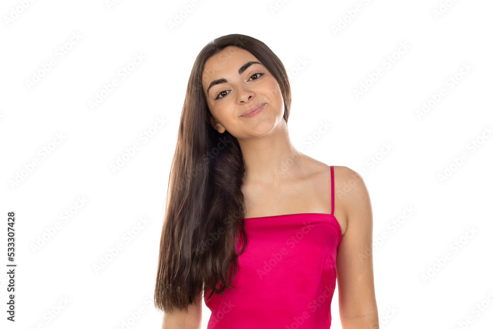 Young pretty dark hair woman wearing a casual look laughing and having fun Young pretty dark hair woman wearing a casual look laughing and having fun
