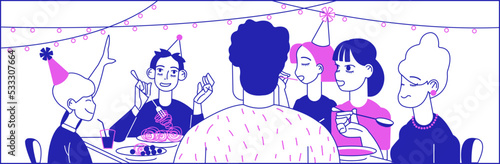 Illustration, a family of 6 sits at a festive table.