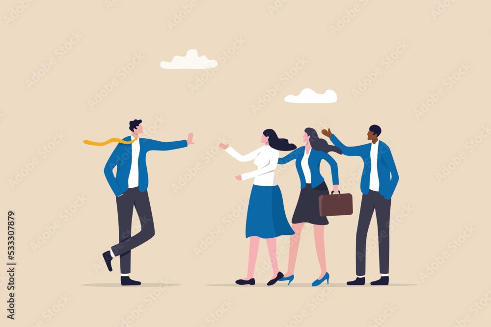 Assertive communication for leadership, behavior to compromise to solve problem without aggressive or passive acceptance concept, businessman leader with calmness stop gesture to manage employees. - obrazy, fototapety, plakaty 