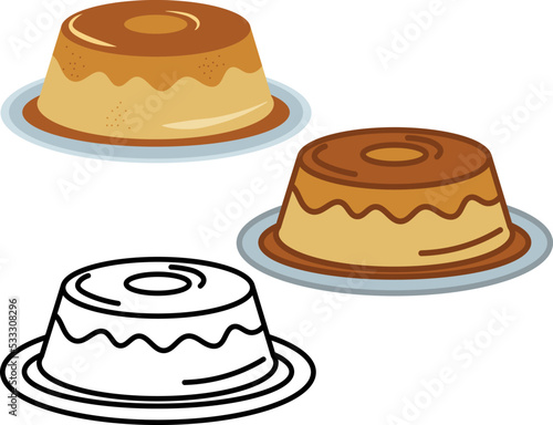 Flan pudding with caramel and vanilla topping. Typical brazilian, portuguese, spanish, latin american condensed milk dessert. Vector icon set with black outline and colored illustration. 