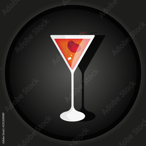 Triangle glass with a cosmopolitan cocktail with cherry on black background. Cut out paper vector illustration with red alcohol cocktail with lemon and  cranberry juice, liqueur and berry.