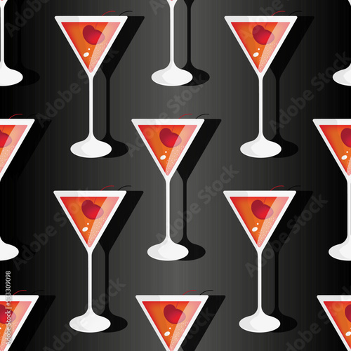 Seamless pattern with 3d triangle glass with a cosmopolitan cocktail with cherry on black background. Vector illustration with red alcohol cocktail with lemon and  cranberry juice, liqueur.