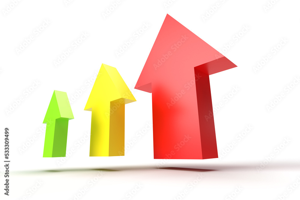 3d render. Red yellow and green up arrows on white background. 3d render. Red yellow and green up arrows on white background.