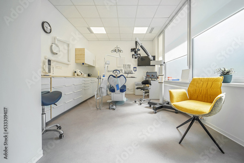 Photo of modern dentist ambulance, no people.