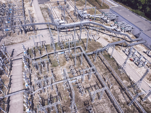 Aerial view of a high voltage electrical substation.