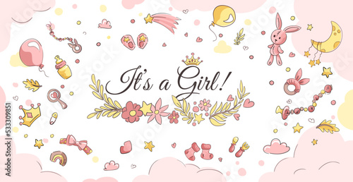 Baby shower banner for girl. Big horizontal card with cartoon rabbit, clouds, stars, toys, crown, hearts on pink background. Holiday template with It's a girl sign. Vector illustration for your design