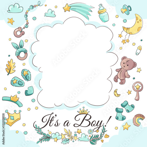 Baby boy shower vector background with blue elements. Frame with set of objects, bear, pacifier, infant toys, stars, moon, clouds. Cute cartoon Card for baby newborn with space for text or photos.