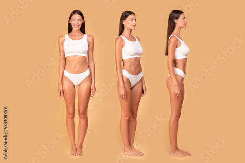 Collage of young slim woman in underwear posing on beige studio background, female model demonstrating nice body