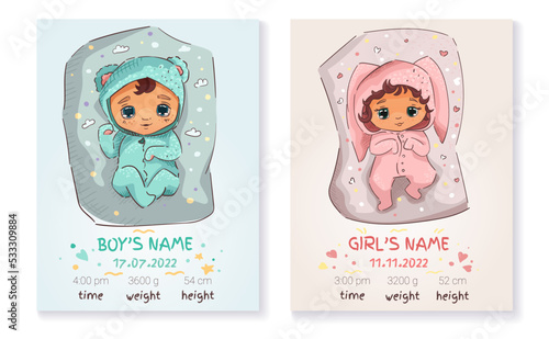 Baby birth cards for boy and girl with height, weight, date of birth. Cute hand drawn children. Vector Illustration, poster for kids with newborn metric for children bedroom