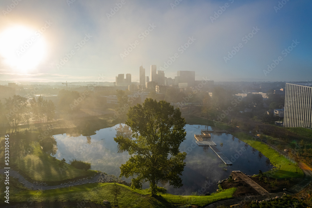 Aerial autumn beautiful morning fog view of Vilnius, Lithuania