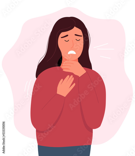 The girl is holding on to a sore throat. A person has angina. A sick character. Vector graphics.