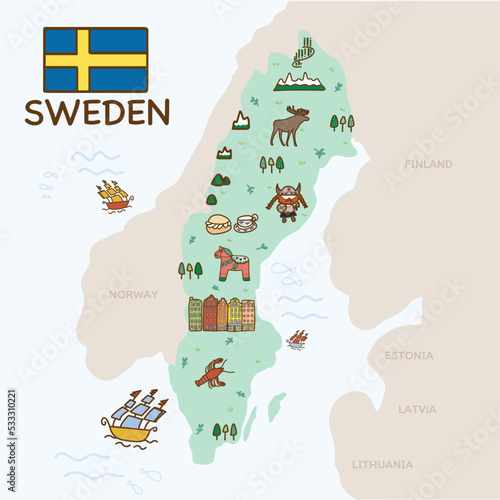 Sweden flag and travel map with traditional landmarks and tourist attractions. Cute hand drawn vector illustration.