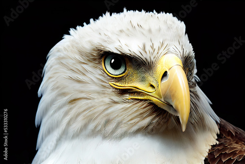 Head portrait of eagle in studio as wildlife illustration