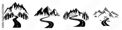 Highway in mountains icon vector set. Forest road illustration sign collection. Travel symbol. Trip logo.