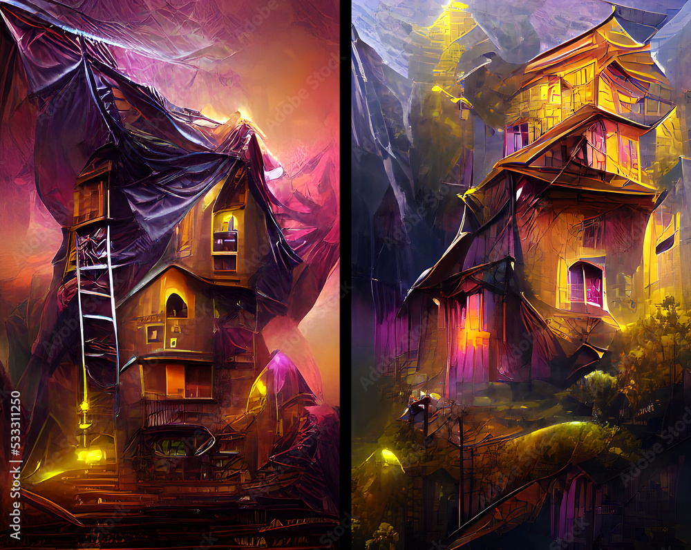 unrealistically beautiful high-rise buildings. fantasy world of architectural creativity of fairy tale characters