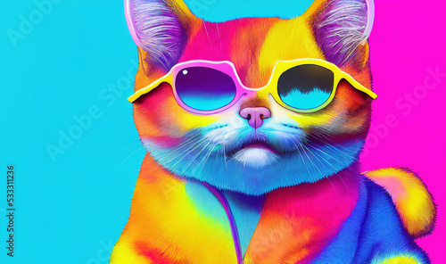Cute hipster cat with sunglasses in psychedelic rainbow colors
