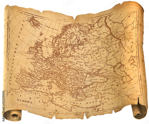 Old ragged Europe map torah, paper or parchment document roll isolated