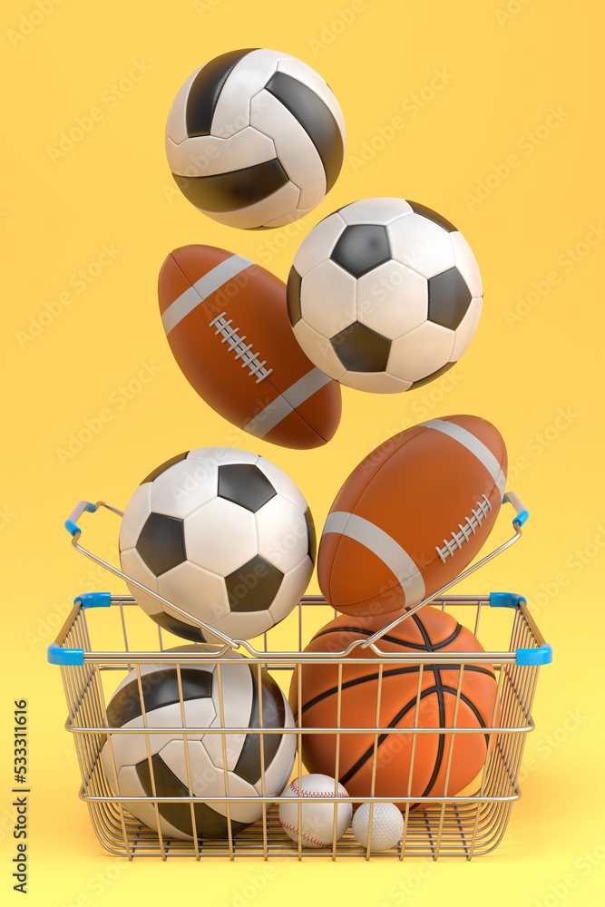 Set of ball like basketball, football and golf in shopping basket on yellow