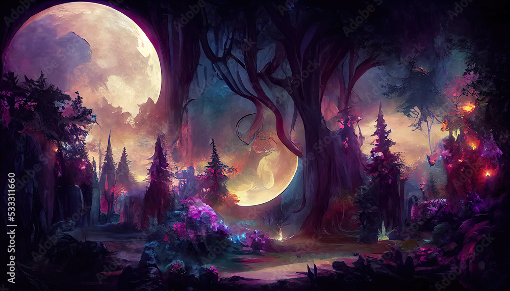 Bright full moon over dark fairy tale forest