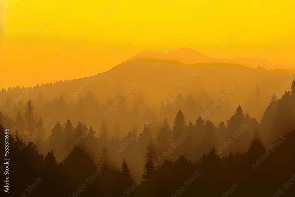 Sunrise over the misty mountains Stock Illustration | Adobe Stock