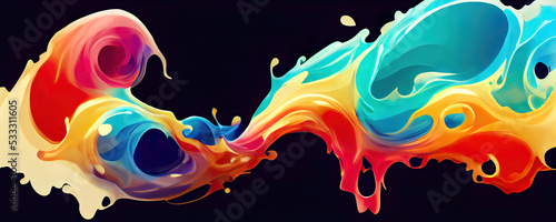 Abstract dripping paint in rainbow color on dark background