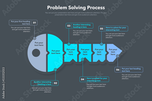 Problem solving process template with six steps and a key as a main symbol - dark version.