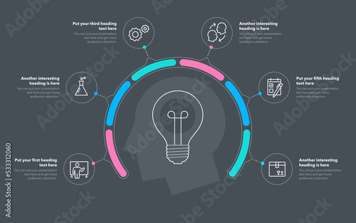 Innovation process template with six steps - dark version. Slide for business presentation.
