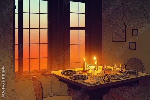 Candle light romantic dinner illustration