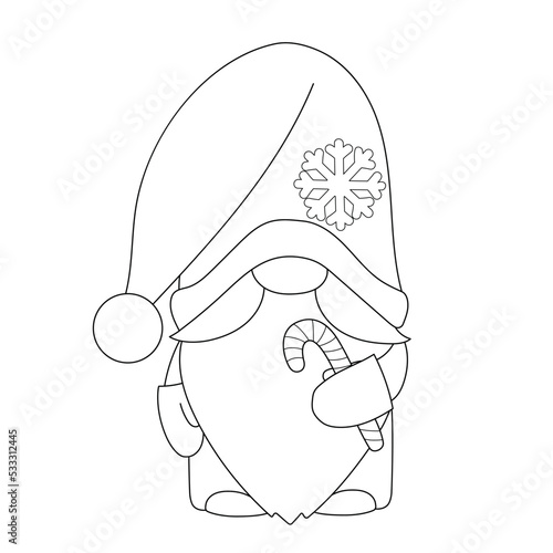 Cute coloring book with winter gnome for kids. Black and white icon with simple shapes and lines.