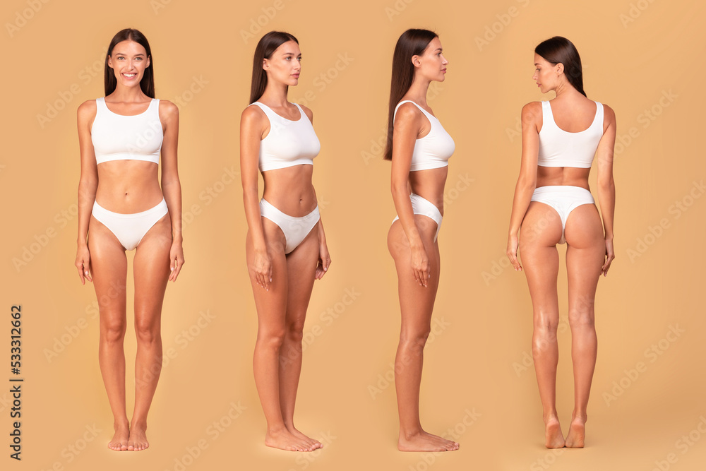 Front, side and back view of slim lady in underwear posing and demonstrating perfect body shape, collage - obrazy, fototapety, plakaty 