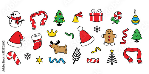 Christmas icon Santa Claus hat snowflake vector christmas tree candy cane gift box reindeer snowman ribbon bell polka dot scarf Ginger bread logo character cartoon symbol illustration doodle clip art 