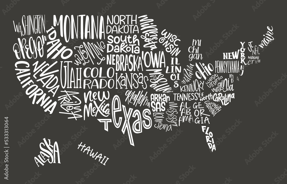 USA MAP. United States of America with script text state names. Design USA typography map with states names. Flat black and white vector illustration. American map for poster, banner.