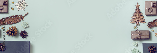 Foto Banner with Christmas New Year gifts and holiday decor top view
