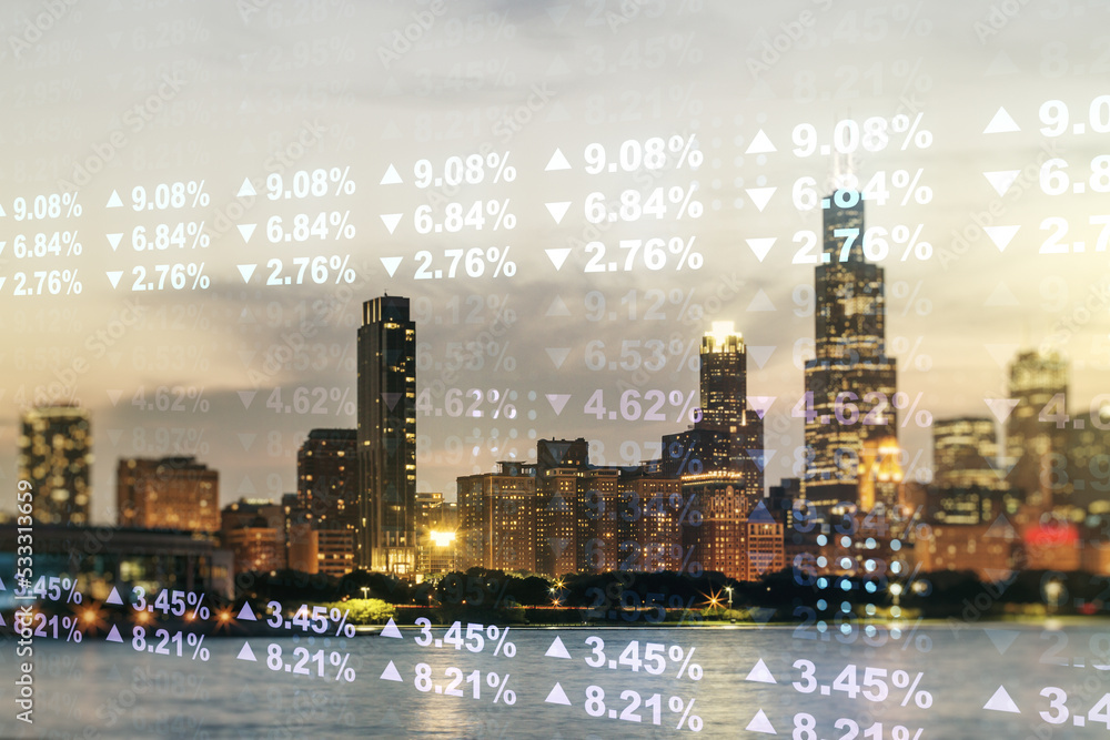 Double exposure of abstract virtual statistics data hologram on Chicago city skyscrapers background, statistics and analytics concept Double exposure of abstract virtual statistics data hologram on Chicago city skyscrapers background, statistics and analytics concept