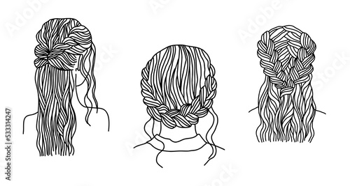 Line art hairstyles set. Female heads with braided hair. Hand drawn vector illustration