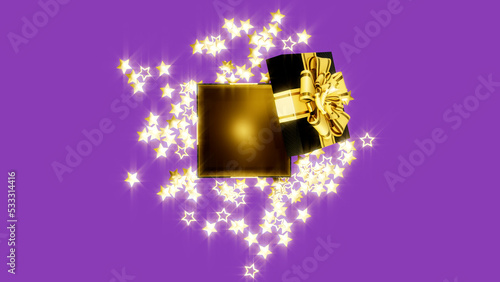 beautified opened giftbox with goldish stars for black friday sale, isolated - object 3D rendering