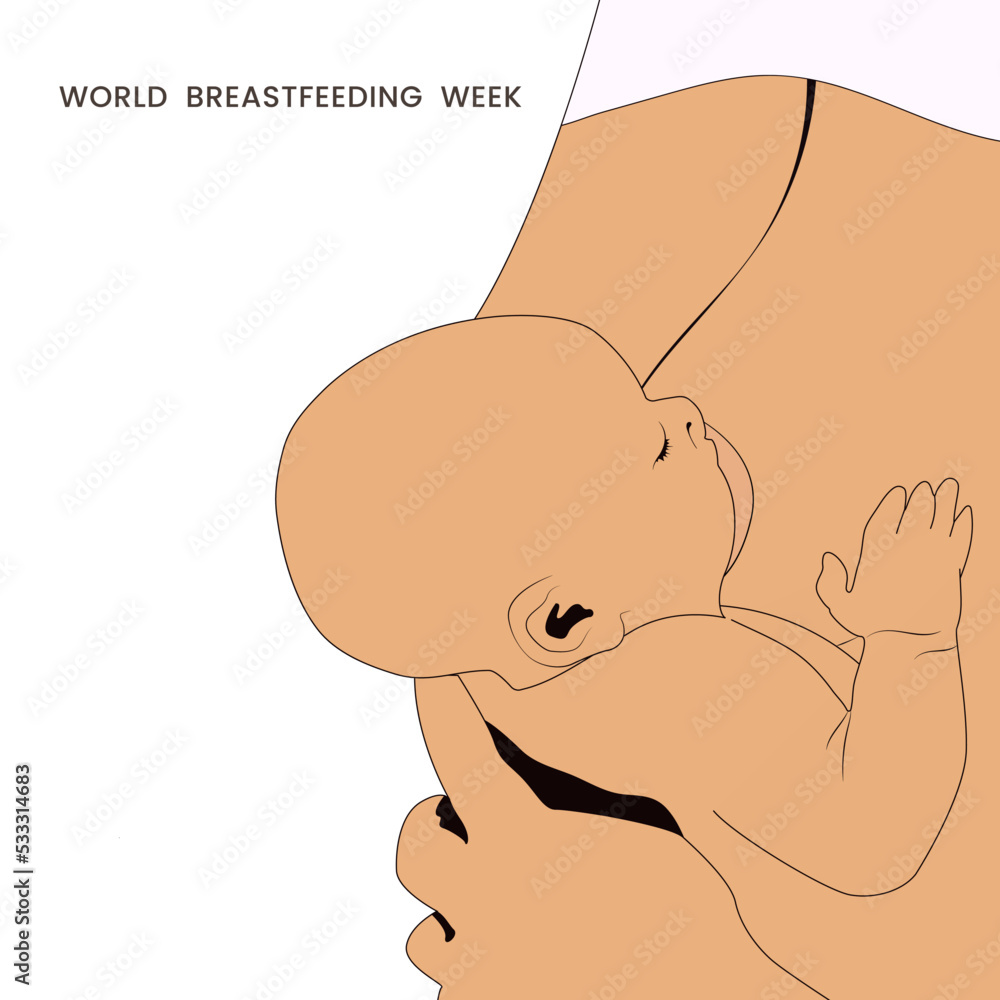 World Breastfeeding Week.Vector illustration.Child drinks milk from the female breast.Lactation.Mom holding her baby and breastfeeding.Observed from August 1-7.Mother's Day.
