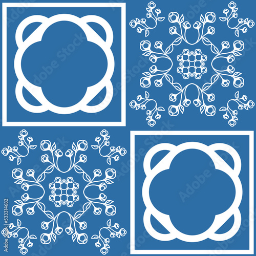 Indigo blue seamless pattern, repeating motif tile mosaic pottery design, portuguese style in pottery