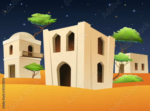 Arab clay double decker hut. Night landscape. Middle Eastern adobe dwelling. Africa and Asia traditional house. Vector.