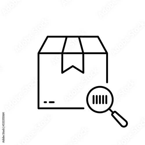 Barcode on Parcel Box with Magnifier Scanner Line Icon. Search Product Bar Code on Cardboard Package Linear Pictogram. Find Tracking Number Outline Icon. Editable Stroke. Isolated Vector Illustration
