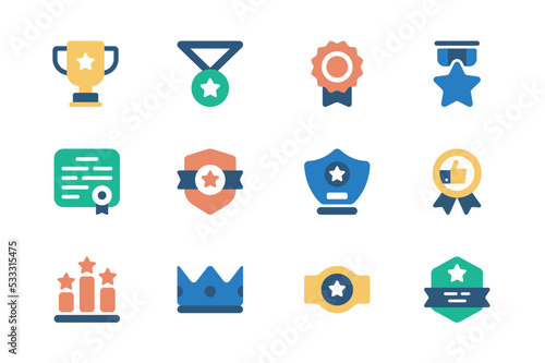 Award concept of web icons set in simple flat design. Pack of winning cup, medal, star, diploma, prize, crown, trophy, champion, success, achievement goal and other.Vector pictograms for mobile app