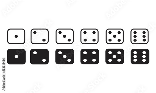 Dice Set vector icon. Game dice. Dice with six faces of cube isolated on transparent Game dice set isolated on white background. Set of dice in flat and linear design from one to six. Traditional game